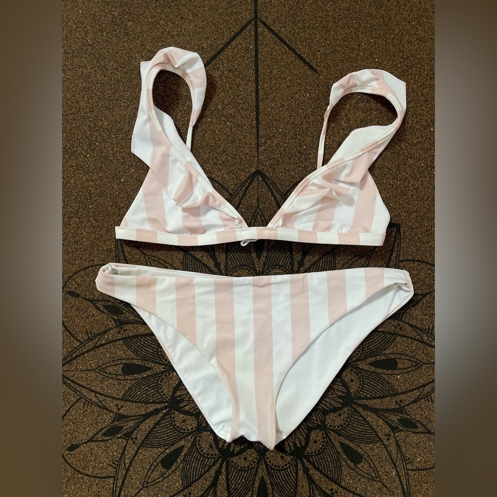 Tori Praver Adriana Bikini set Medium Pink White Stripes Ruffle